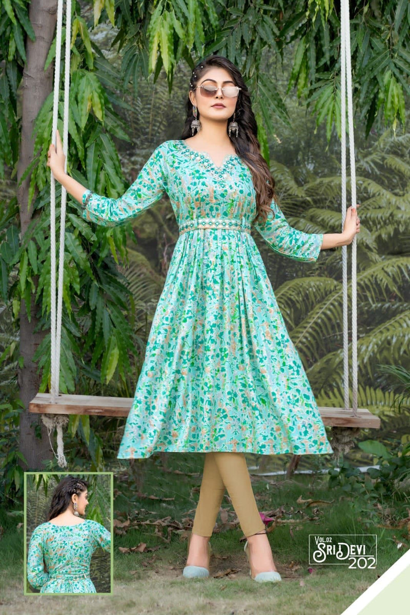 Hirwa Sridevi Vol 2 Rayon Foil Prints Fancy Naira Cut Style Kurtis Work Salwar Kameez