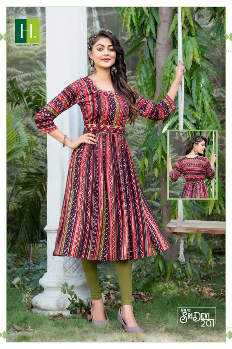 Hirwa Sridevi Vol 2 Rayon Foil Prints Fancy Naira Cut Style Kurtis Work Salwar Kameez
