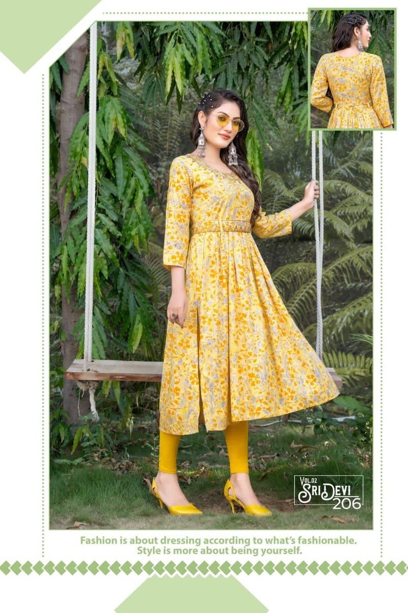 Hirwa Sridevi Vol 2 Rayon Foil Prints Fancy Naira Cut Style Kurtis Work Salwar Kameez