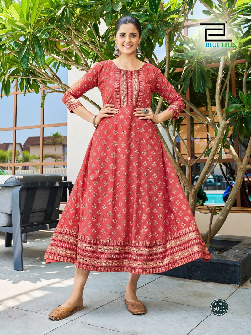 Blue Hills Starbucks Rayon Foil Prints Fancy Anarkali Gowns