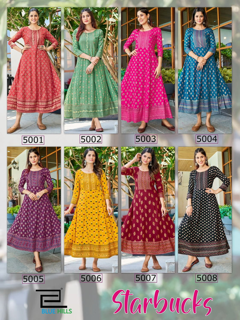 Blue Hills Starbucks Rayon Foil Prints Fancy Anarkali Gowns