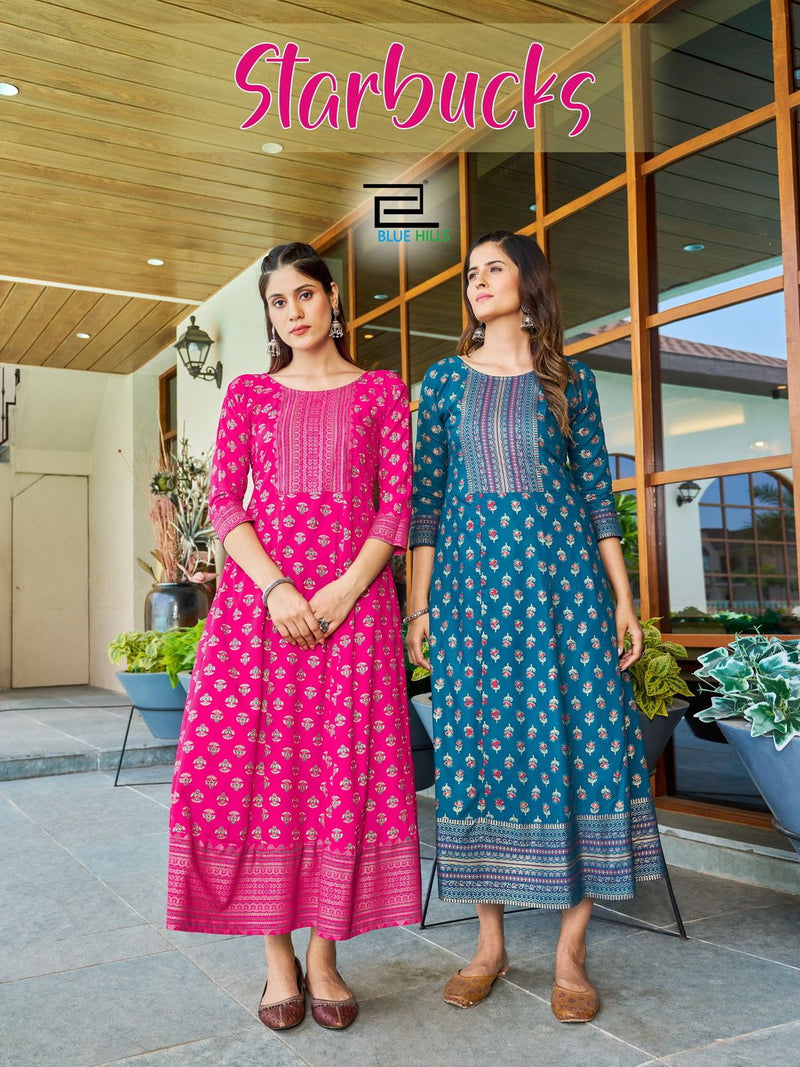 Blue Hills Starbucks Rayon Foil Prints Fancy Anarkali Gowns