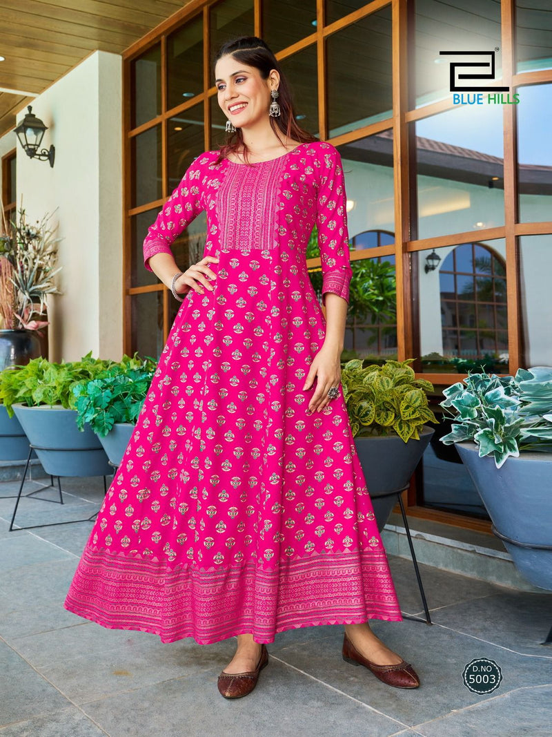 Blue Hills Starbucks Rayon Foil Prints Fancy Anarkali Gowns