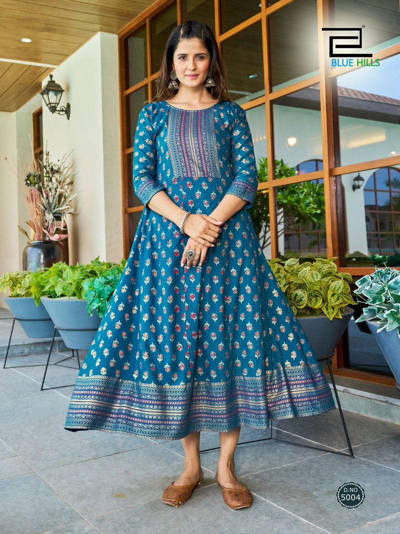 Blue Hills Starbucks Rayon Foil Prints Fancy Anarkali Gowns