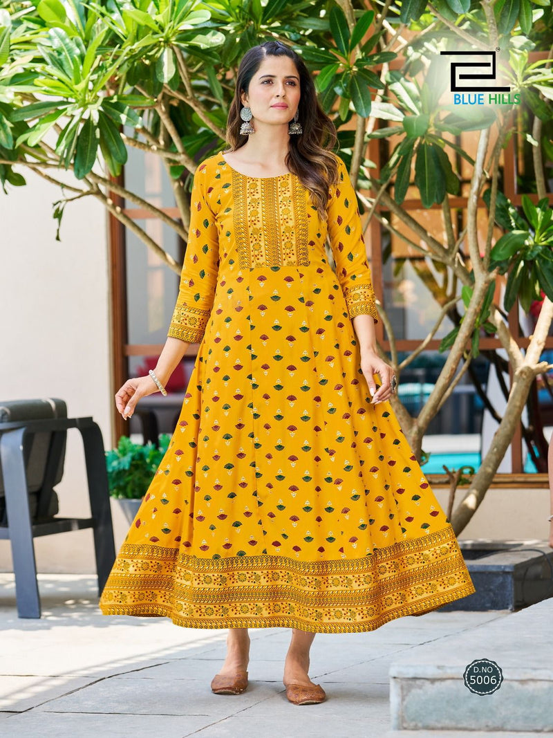Blue Hills Starbucks Rayon Foil Prints Fancy Anarkali Gowns