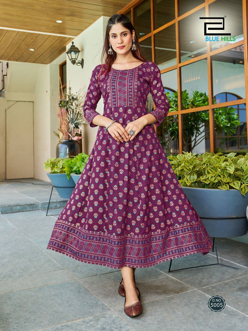 Blue Hills Starbucks Rayon Foil Prints Fancy Anarkali Gowns