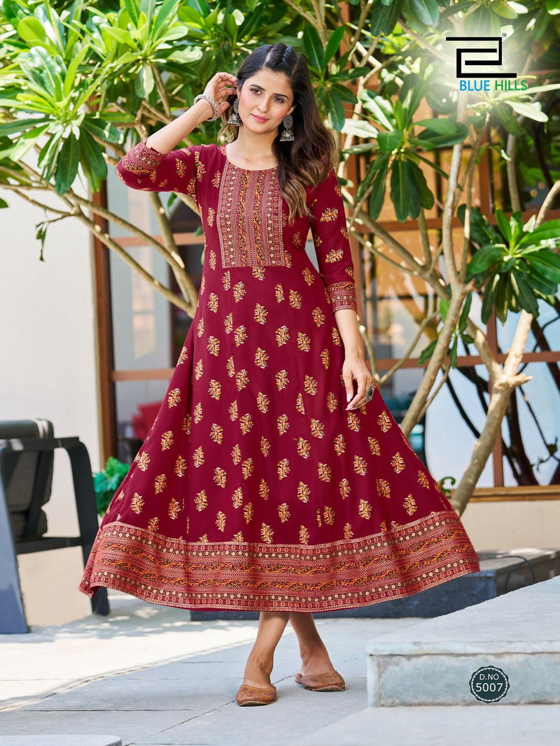 Blue Hills Starbucks Rayon Foil Prints Fancy Anarkali Gowns