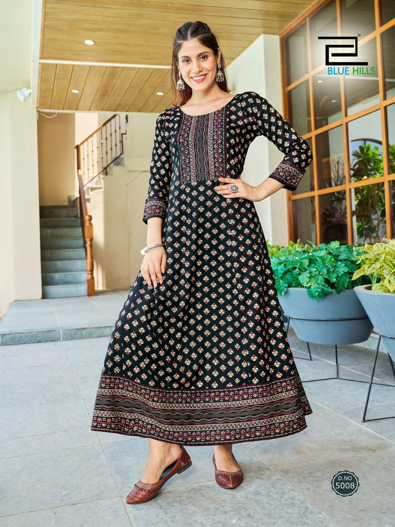 Blue Hills Starbucks Rayon Foil Prints Fancy Anarkali Gowns
