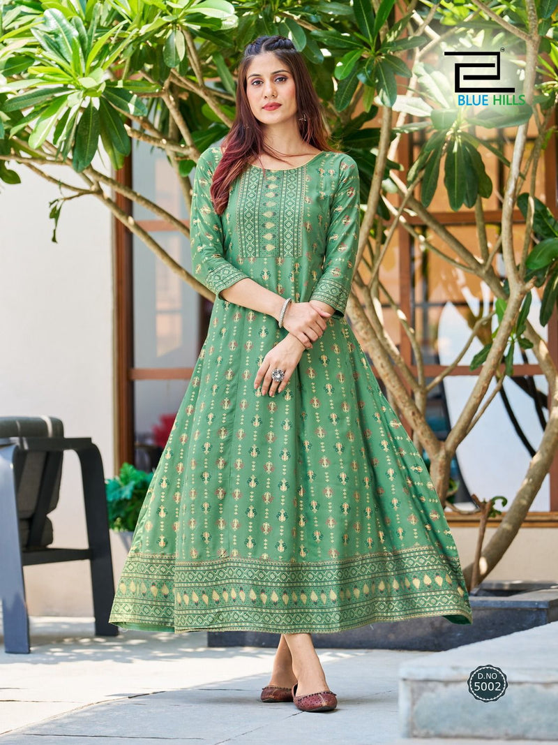 Blue Hills Starbucks Rayon Foil Prints Fancy Anarkali Gowns