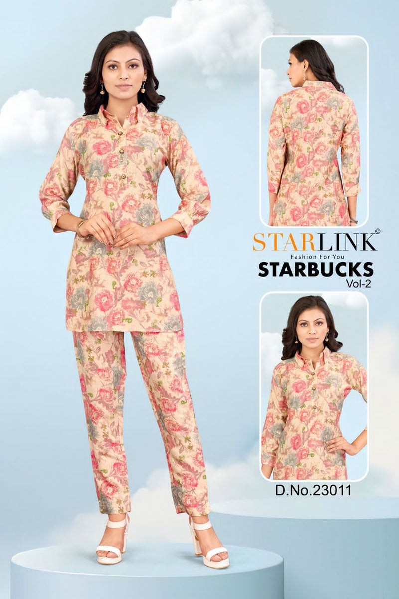Starlink Starbucks Vol 2 Viscose Silk Designer Prints Shirt Pattern Top With Bottom Set Cord Set