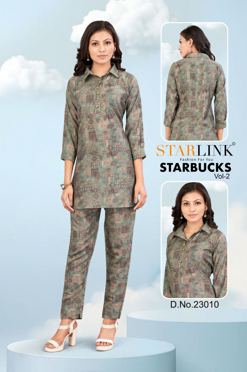 Starlink Starbucks Vol 2 Viscose Silk Designer Prints Shirt Pattern Top With Bottom Set Cord Set