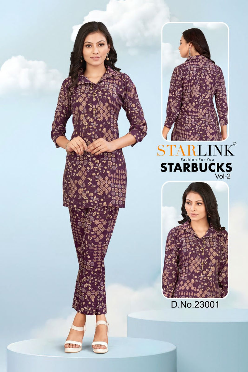 Starlink Starbucks Vol 2 Viscose Silk Designer Prints Shirt Pattern Top With Bottom Set Cord Set