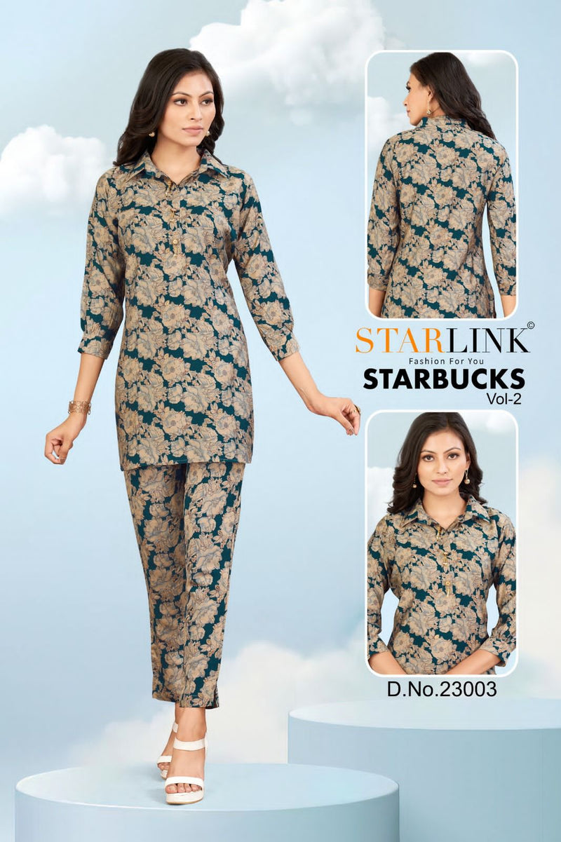 Starlink Starbucks Vol 2 Viscose Silk Designer Prints Shirt Pattern Top With Bottom Set Cord Set