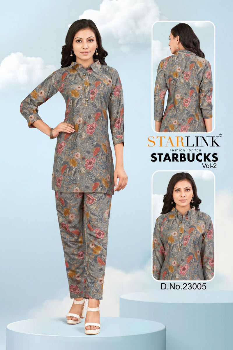 Starlink Starbucks Vol 2 Viscose Silk Designer Prints Shirt Pattern Top With Bottom Set Cord Set