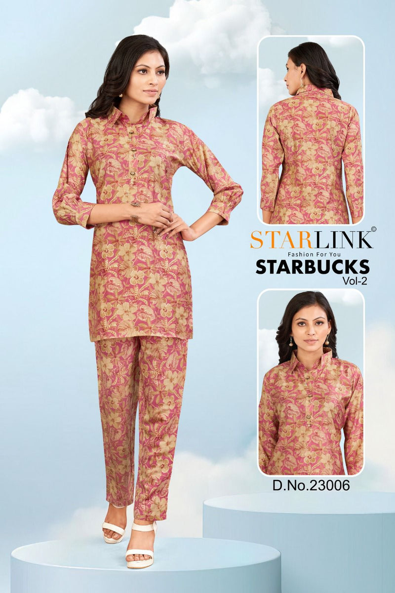 Starlink Starbucks Vol 2 Viscose Silk Designer Prints Shirt Pattern Top With Bottom Set Cord Set