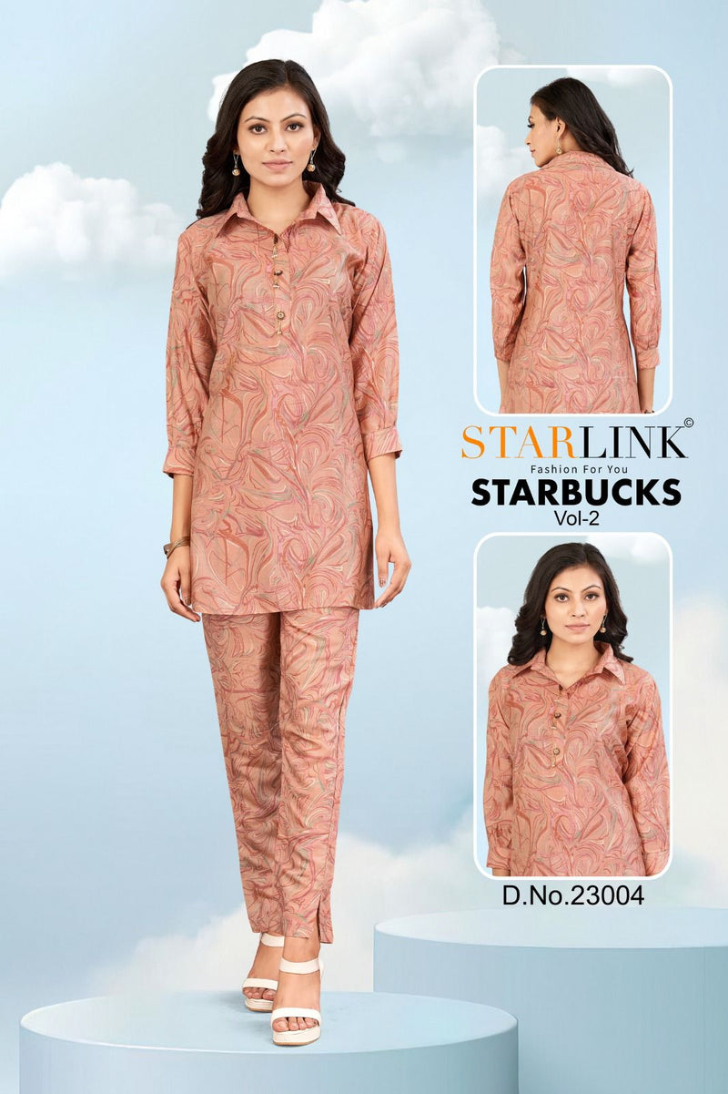 Starlink Starbucks Vol 2 Viscose Silk Designer Prints Shirt Pattern Top With Bottom Set Cord Set