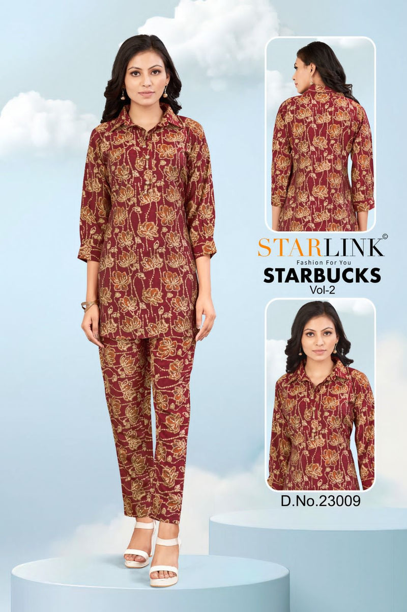 Starlink Starbucks Vol 2 Viscose Silk Designer Prints Shirt Pattern Top With Bottom Set Cord Set