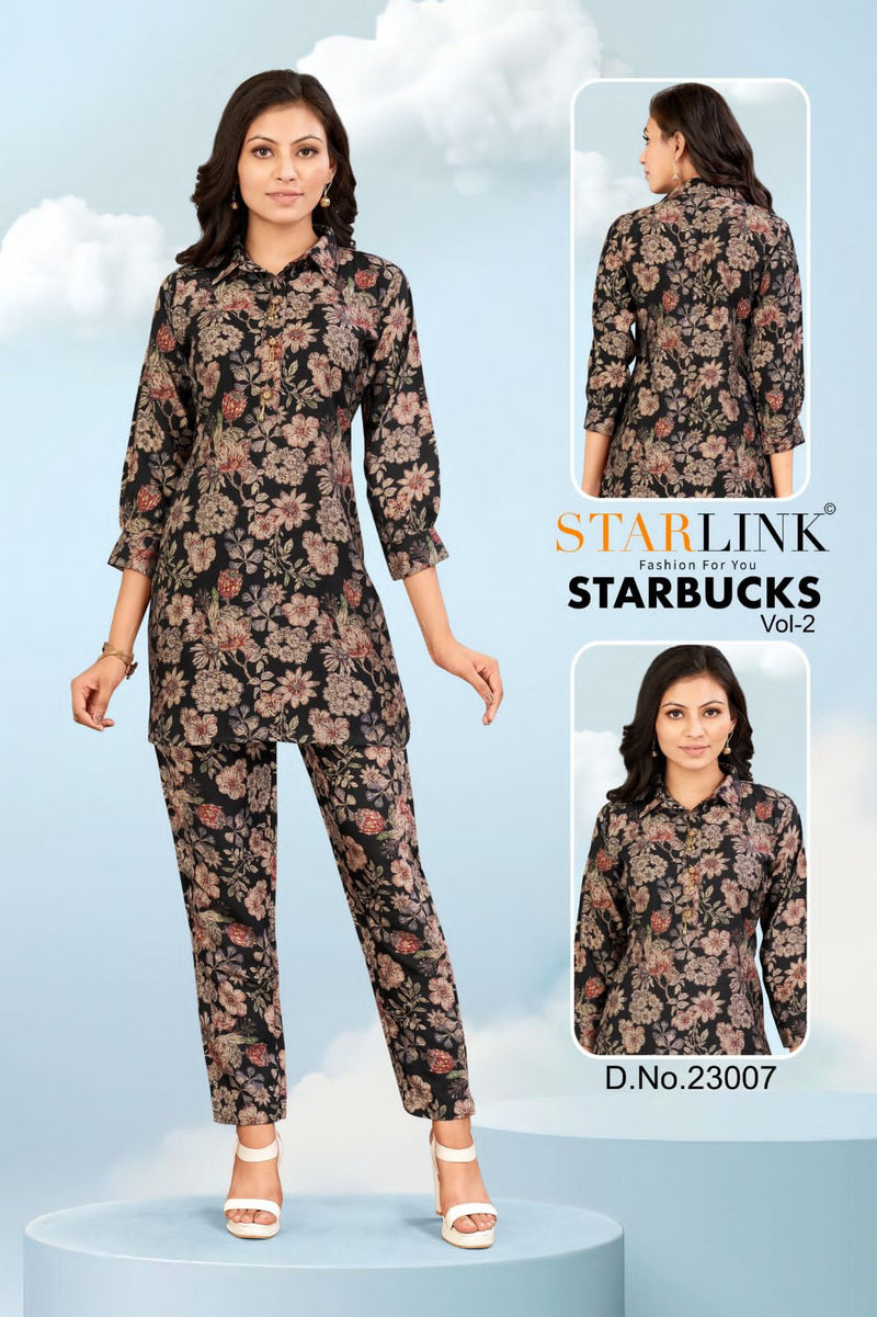 Starlink Starbucks Vol 2 Viscose Silk Designer Prints Shirt Pattern Top With Bottom Set Cord Set