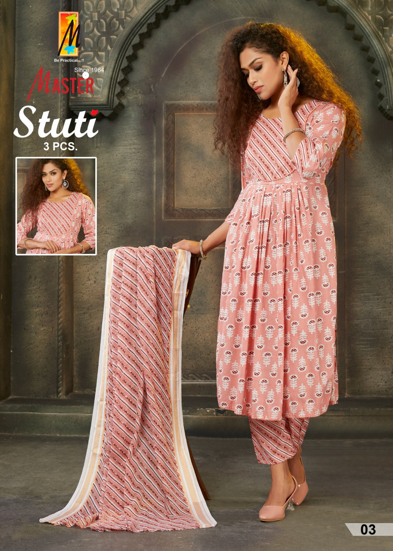 Master Stuti Rayon Printed Fabric Naira Style Kurti Bottom & Dupatta Collection