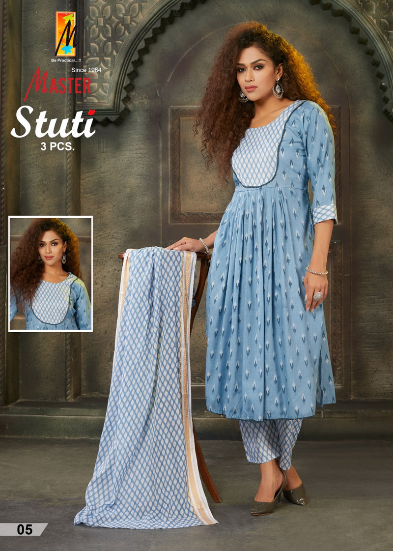Master Stuti Rayon Printed Fabric Naira Style Kurti Bottom & Dupatta Collection