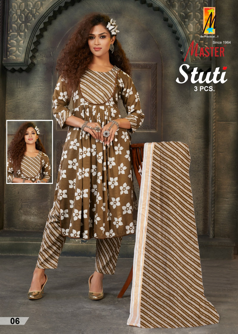 Master Stuti Rayon Printed Fabric Naira Style Kurti Bottom & Dupatta Collection