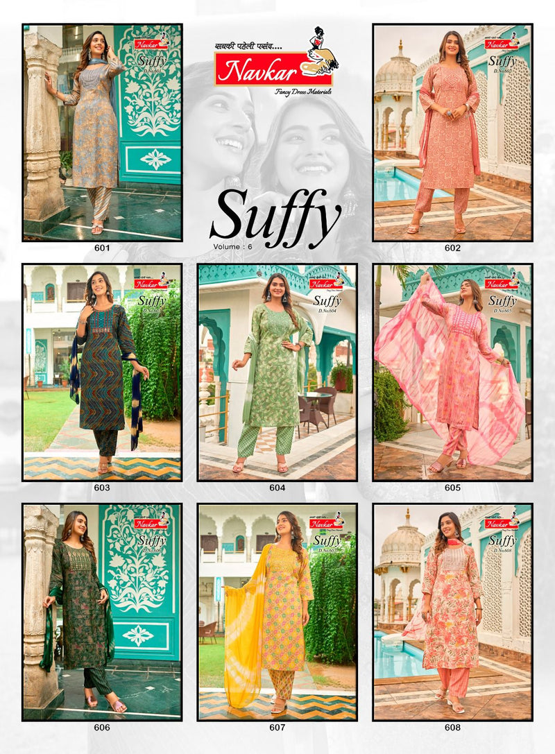 Navkar Suffy Vol 6 Rayon Foil Print With Embroidery Work Fancy Kurti Combo Set