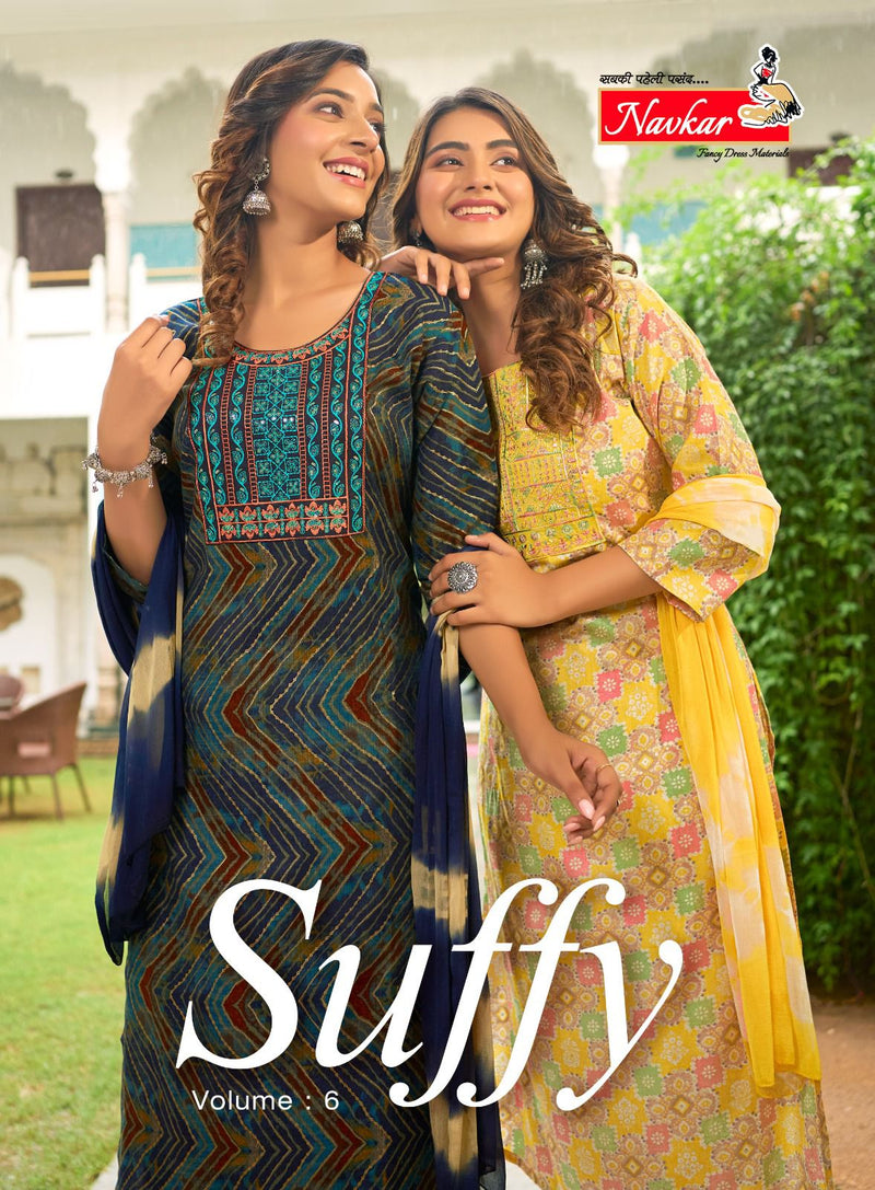 Navkar Suffy Vol 6 Rayon Foil Print With Embroidery Work Fancy Kurti Combo Set