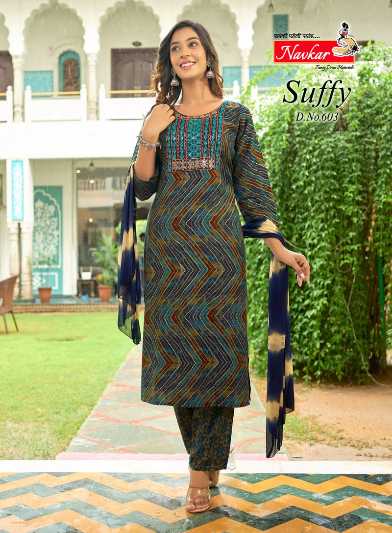 Navkar Suffy Vol 6 Rayon Foil Print With Embroidery Work Fancy Kurti Combo Set