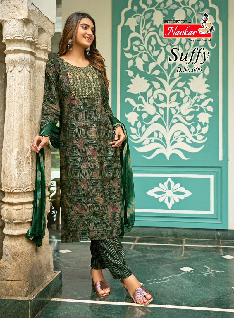 Navkar Suffy Vol 6 Rayon Foil Print With Embroidery Work Fancy Kurti Combo Set