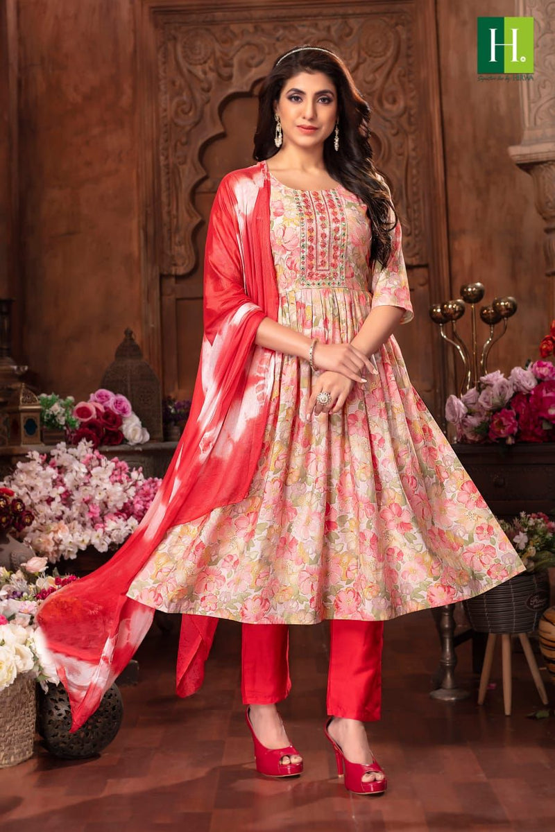 Hirwa Suman Modal Foil Print Fabric Fancy Naira Cut Pattern Kurti Combo Set