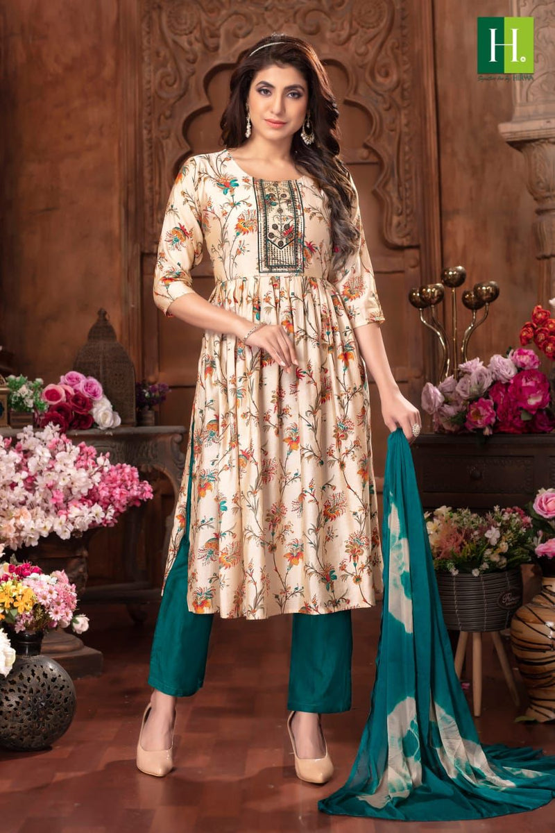 Hirwa Suman Modal Foil Print Fabric Fancy Naira Cut Pattern Kurti Combo Set