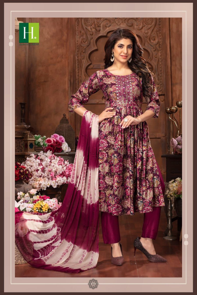 Hirwa Suman Modal Foil Print Fabric Fancy Naira Cut Pattern Kurti Combo Set