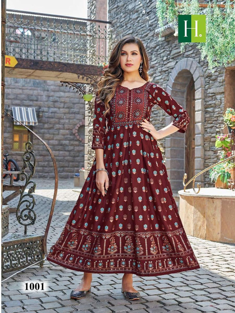 Hirwa Sunflower Vol 5 Rayon Printed Casual Wear Gown Style Kurti