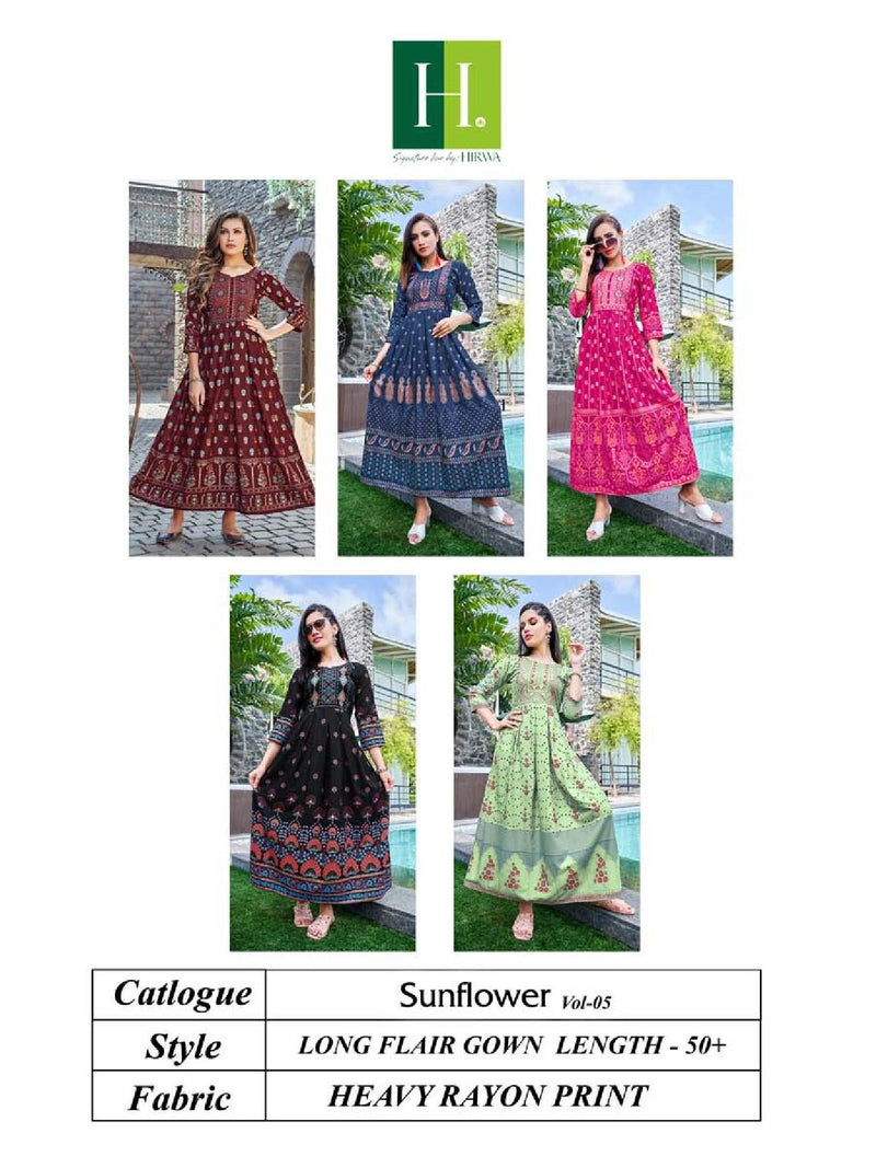 Hirwa Sunflower Vol 5 Rayon Printed Casual Wear Gown Style Kurti