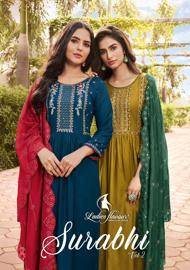 Ladies Flavour Surabhi Vol 2 Rayon Weaving With Embroidery Work Kurti Collection