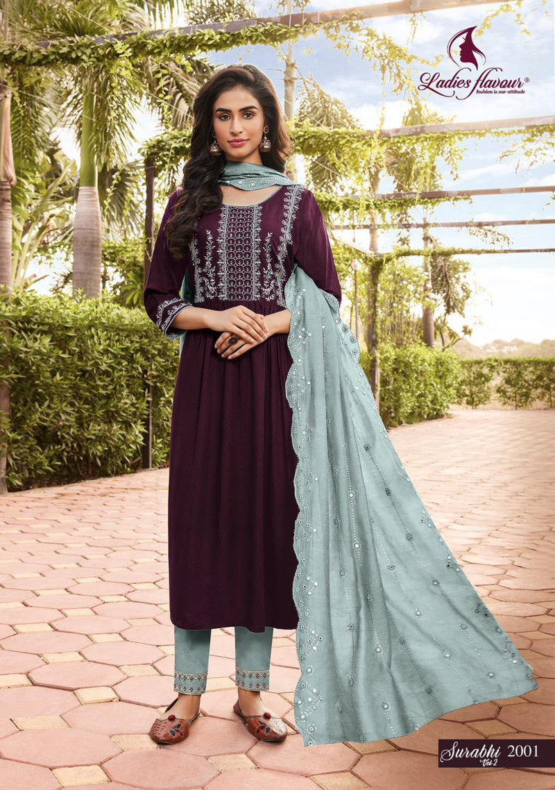 Ladies Flavour Surabhi Vol 2 Rayon Weaving With Embroidery Work Kurti Collection