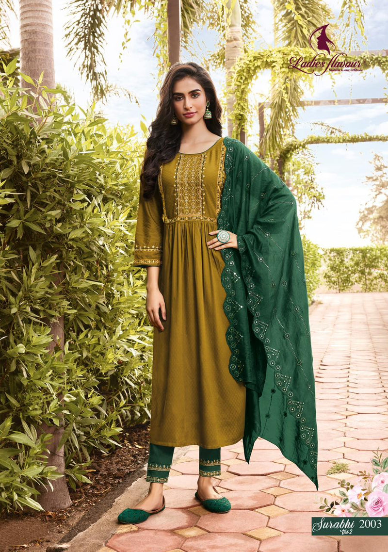 Ladies Flavour Surabhi Vol 2 Rayon Weaving With Embroidery Work Kurti Collection