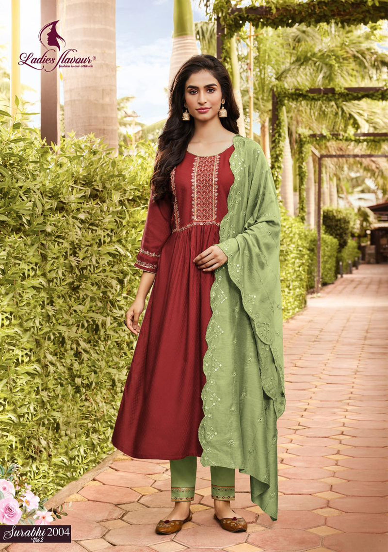 Ladies Flavour Surabhi Vol 2 Rayon Weaving With Embroidery Work Kurti Collection
