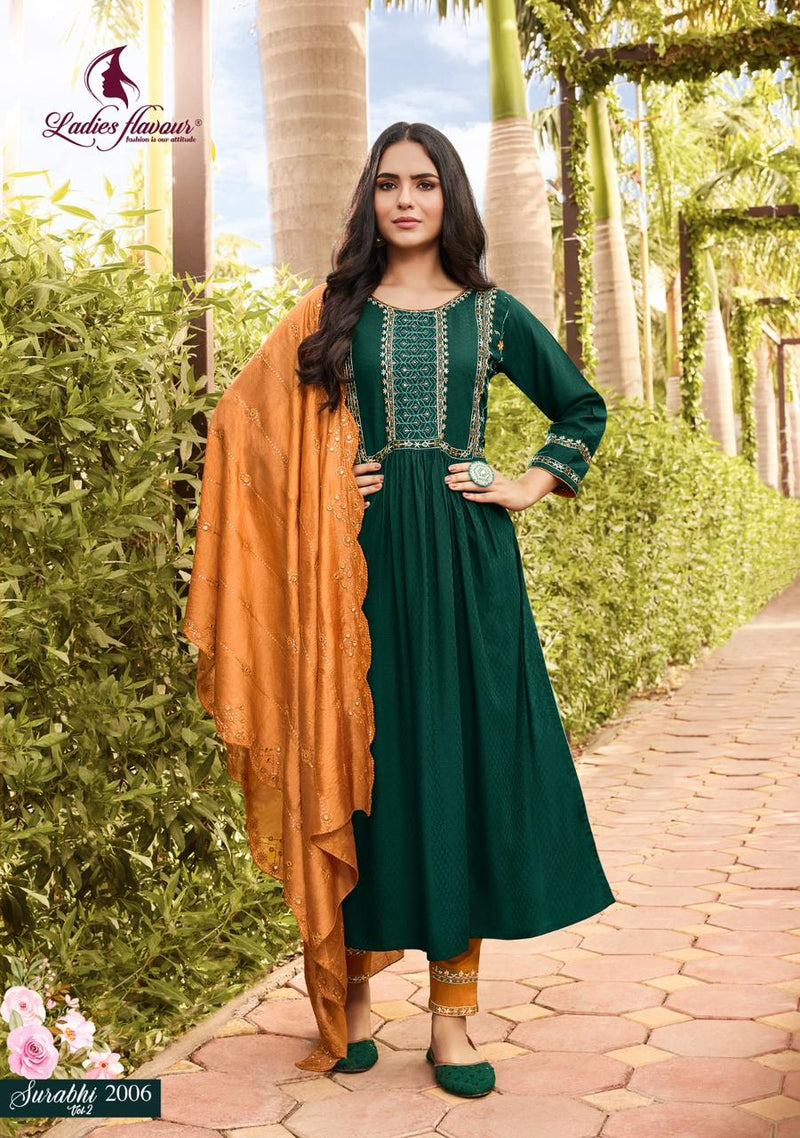 Ladies Flavour Surabhi Vol 2 Rayon Weaving With Embroidery Work Kurti Collection