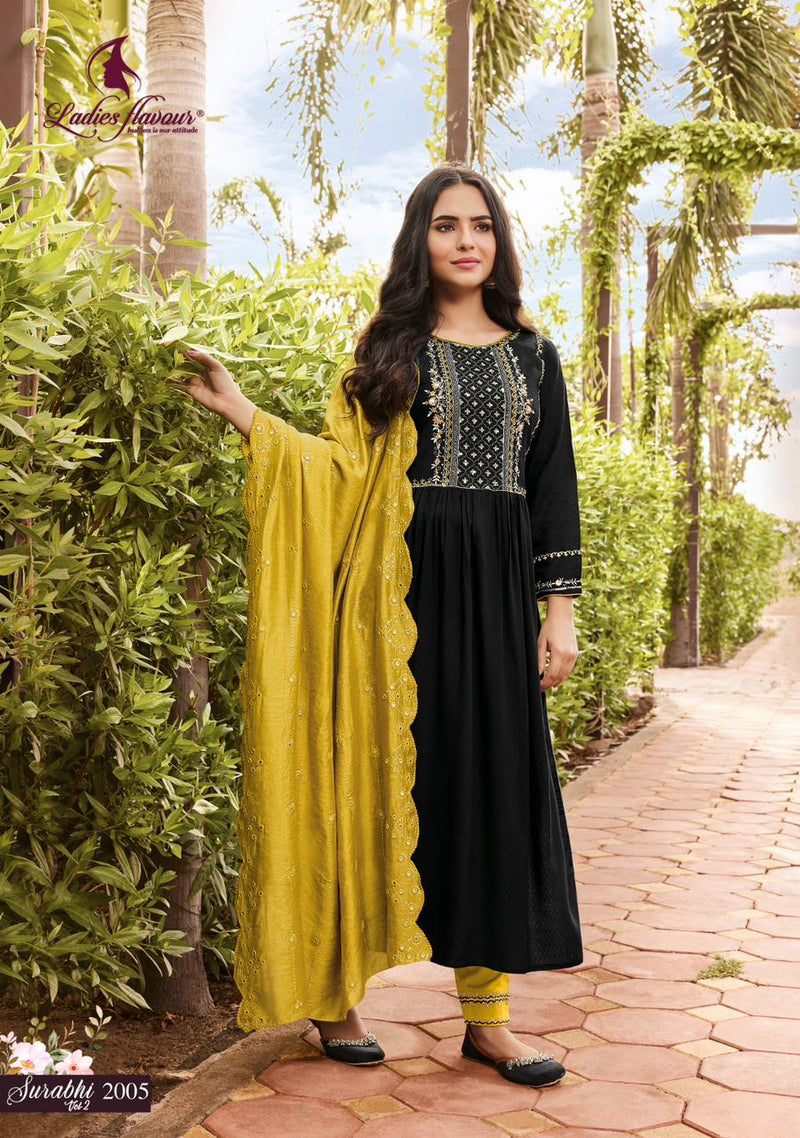 Ladies Flavour Surabhi Vol 2 Rayon Weaving With Embroidery Work Kurti Collection