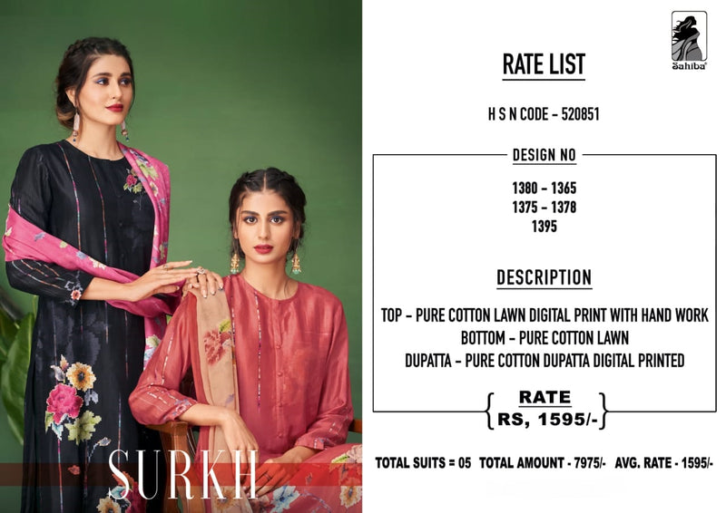 Sahiba Surkh Pure Lawn Cotton Digital Print With Hand Work Designer Fancy Suits