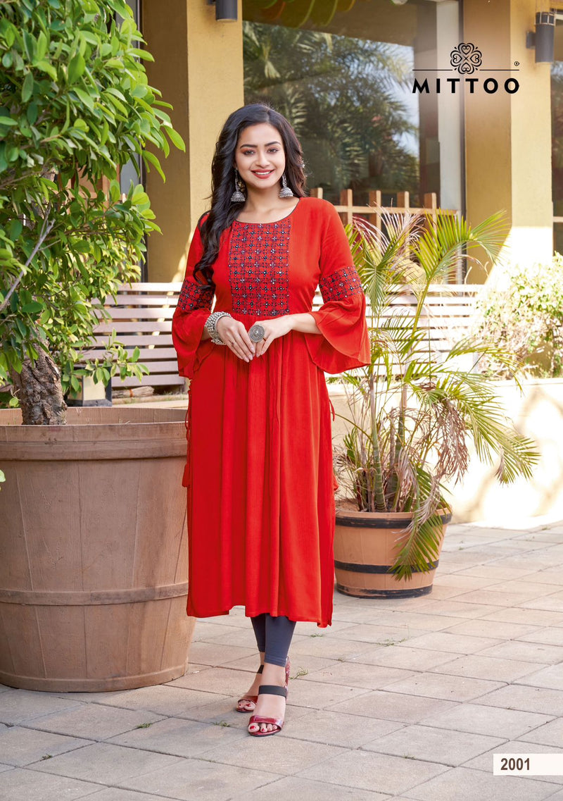 Mittoo Swagat Rayon Fancy Hand Work Designer Kurtis