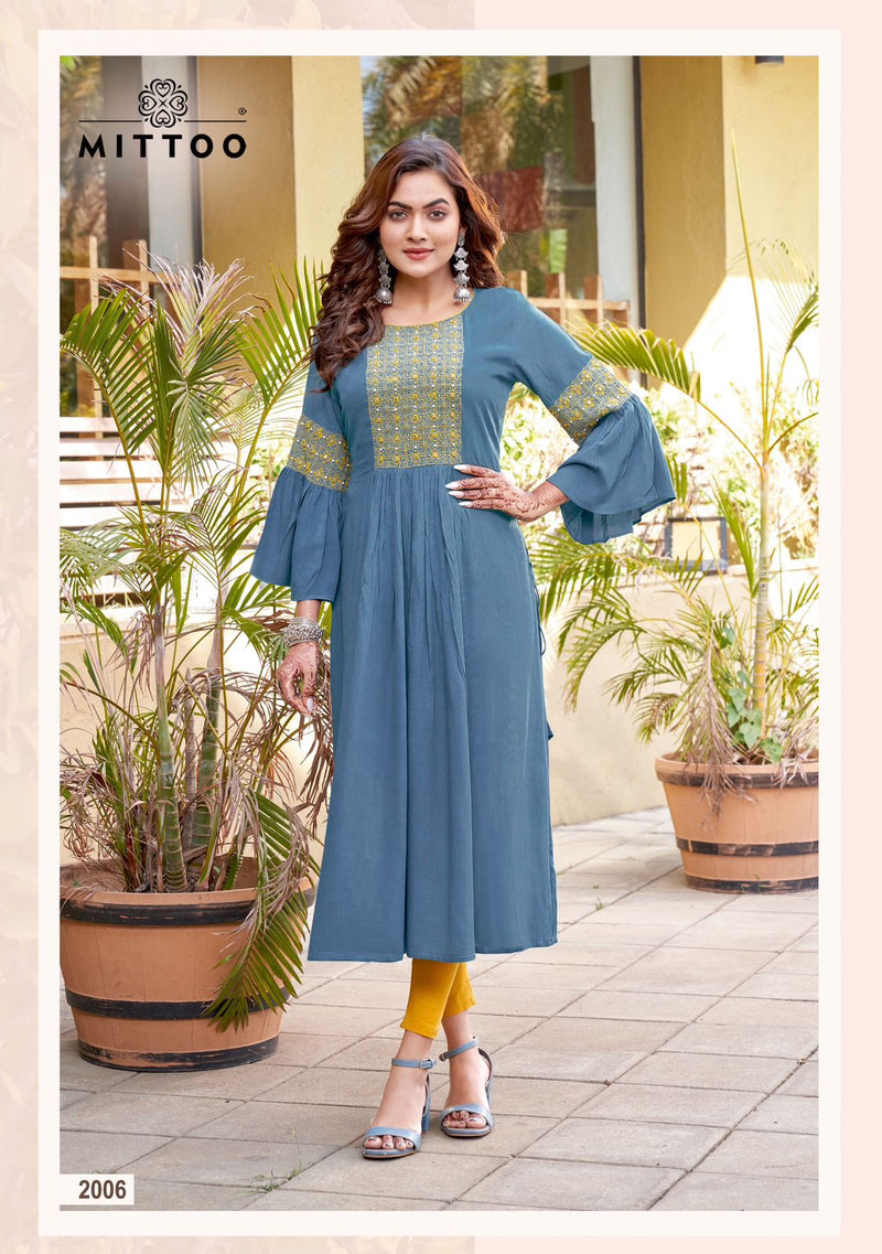 Mittoo Swagat Rayon Fancy Hand Work Designer Kurtis