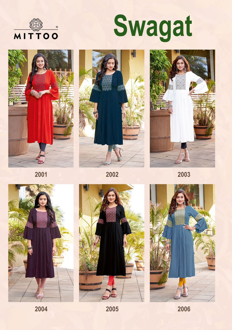 Mittoo Swagat Rayon Fancy Hand Work Designer Kurtis