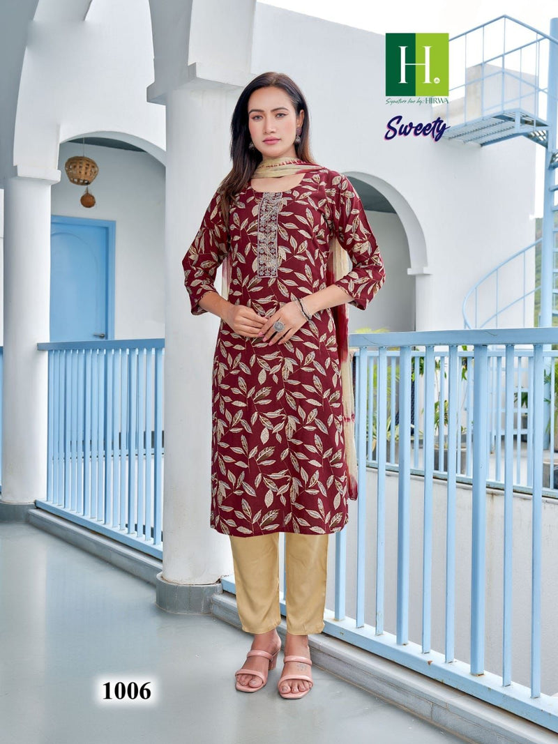 Hirwa Sweety Rayon Heavy Foil Printed Fancy Wear Kurti With Bottom