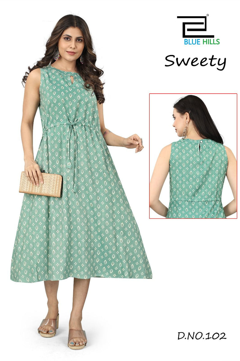 Blue Hills Sweety Rayon Prints Fancy Causal Wear Kurtis