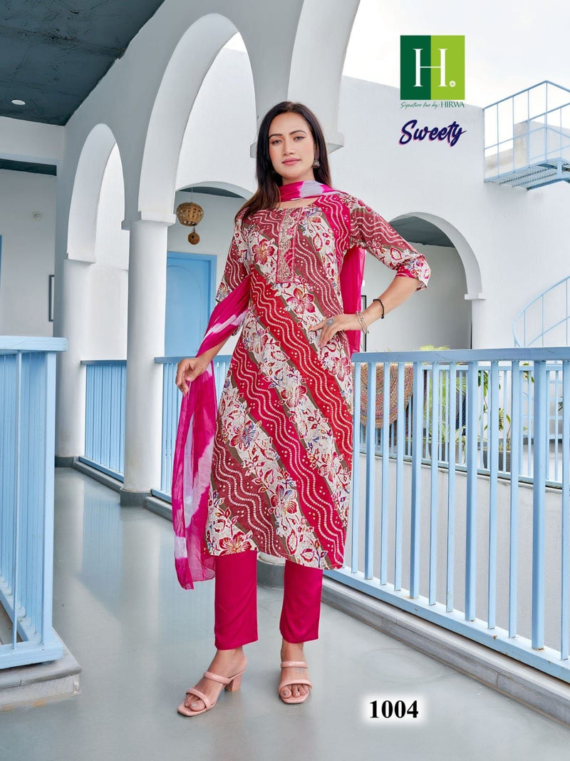 Hirwa Sweety Rayon Heavy Foil Printed Fancy Wear Kurti With Bottom