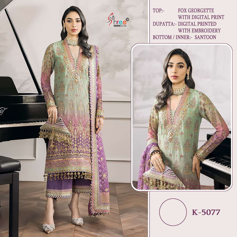 Shree Fab K 5077 Fox Georgette Digital Print With Embroidery Work Salwar Suit