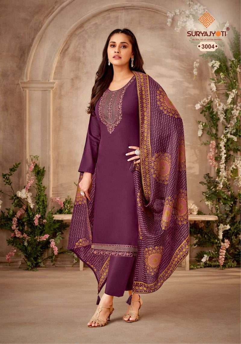 Suryajyoti Pal Vol 3 Jam Satin With Neck, Border Embroidery Swarovski Diamond Work
