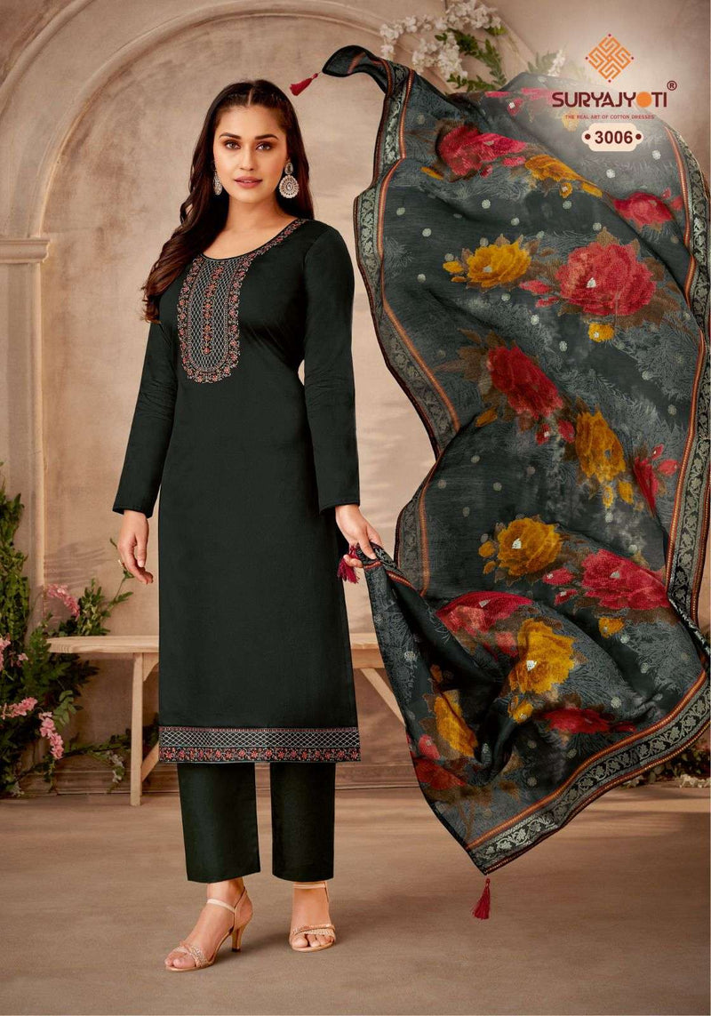 Suryajyoti Pal Vol 3 Jam Satin With Neck, Border Embroidery Swarovski Diamond Work